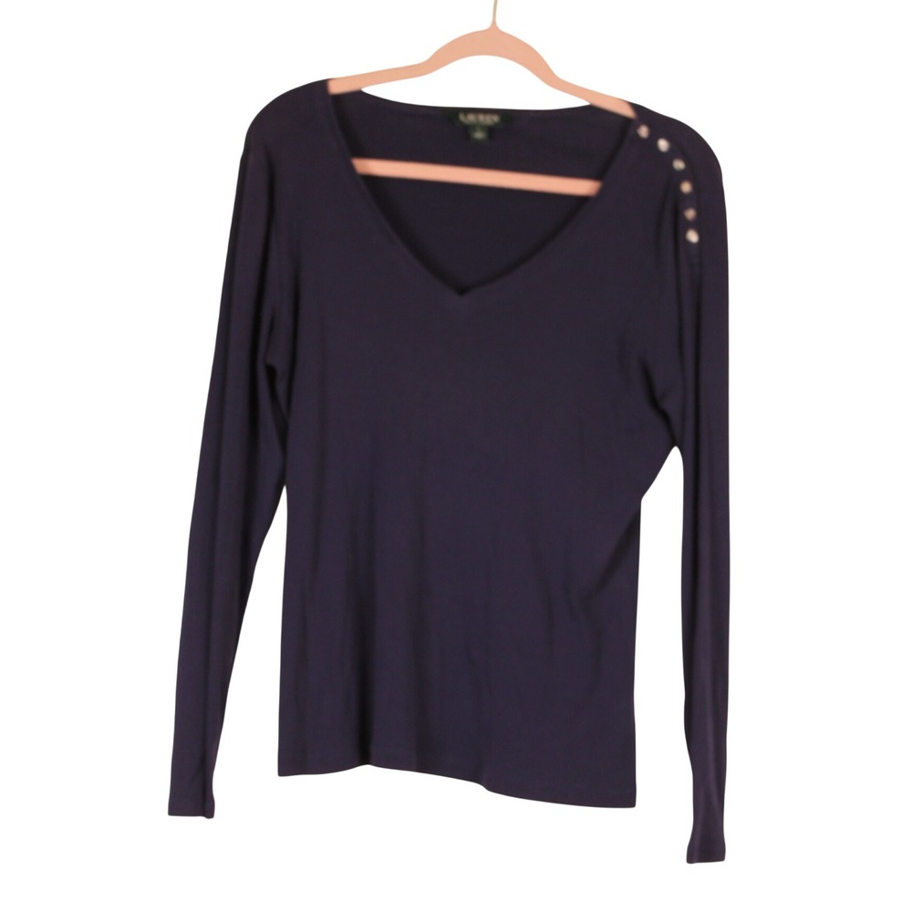 Lauren Ralph Lauren Preppy Elevated Basic Blue Cotton Long Sleeve Layer Top L